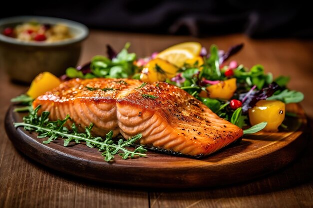 Un delicioso trozo de salmón a la plancha con verduras al lado presentado en un plato IA generativa