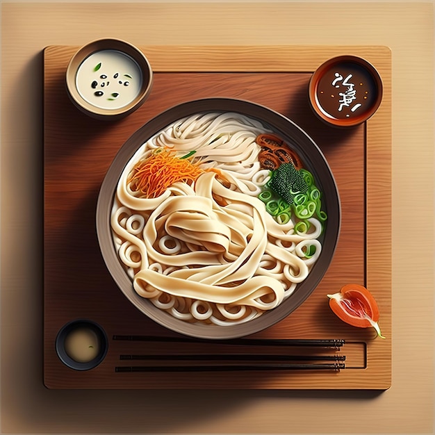 delicioso udon na mesa de madeira clara com fundo de restaurante japonês turva