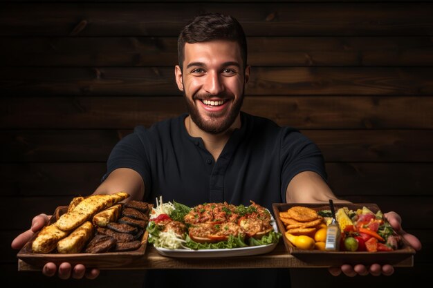 Foto el delicioso viaje un banquete de comida para llevar de un hombre consciente de la salud en una tabla de madera rústica ar 32