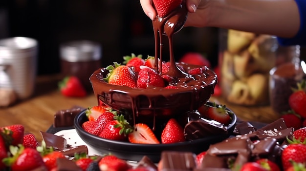 Foto un delicioso video de fresas jugosas sumergidas en una fuente de chocolate perfecta para fiestas.