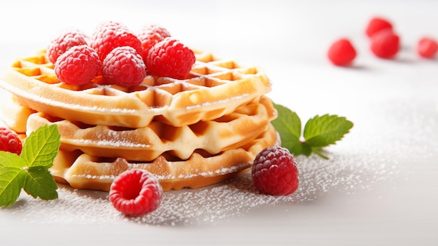 Delicioso waffle redondo cubierto de frambuesas suculentas