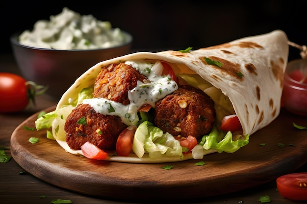 Delicioso wrap de falafel com homus alface tomate e tzatziki estilo mediterrâneo Generative AI