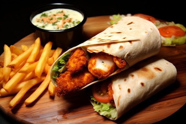 Delicioso Wrap de Pollo con Pan de Tortilla y Guarniciones de Papas Fritas Generado Ai