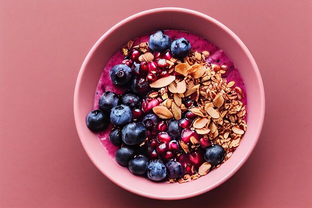 Delicioso yogur de frambuesa con bayas de cereales y sobrecarga de barra de granola