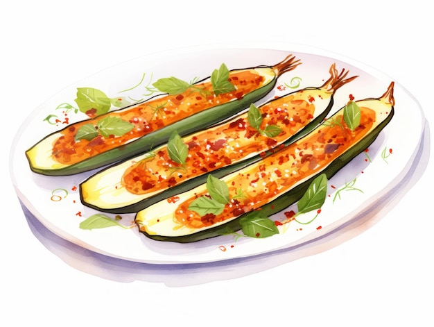 Deliciosos barcos de zucchini recheados com quinoa e legumes em fundo branco gerados por IA