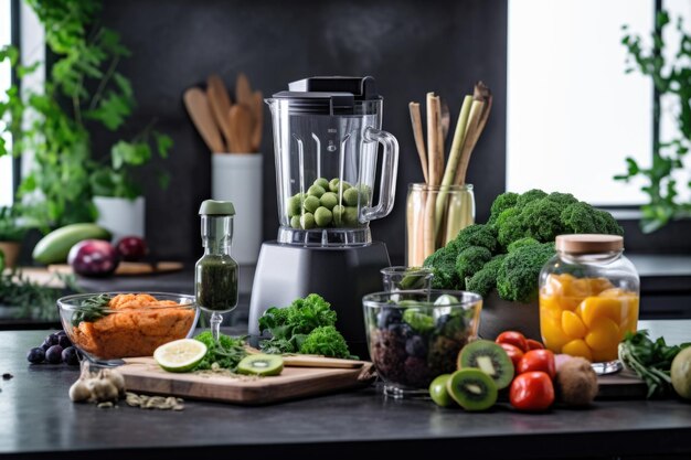 Deliciosos batidos frescos y una licuadora con ingredientes en la mesa de la cocina muchas verduras y frutas alrededor