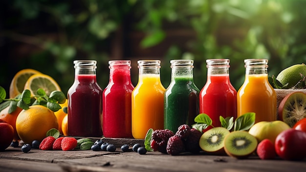 Deliciosos batidos o jugos de frutas y verduras frescas en botella