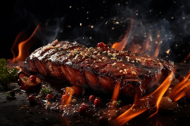 Foto deliciosos bifes de porco ou carne à grelha estão caindo.