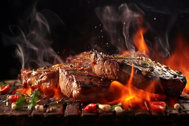 Deliciosos bifes de porco ou carne à grelha estão caindo.