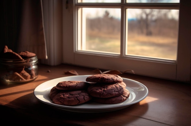 Deliciosos biscoitos caseiros de chocolate na mesa de madeira rústica gerada por IA