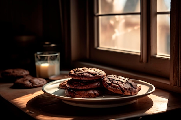 Deliciosos biscoitos caseiros de chocolate na mesa de madeira rústica gerada por IA