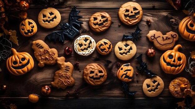Deliciosos biscoitos caseiros de halloween para festa em fundo de madeira