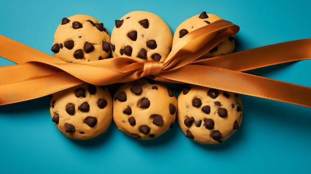 Deliciosos biscoitos com gotas de chocolate amarrados em fita