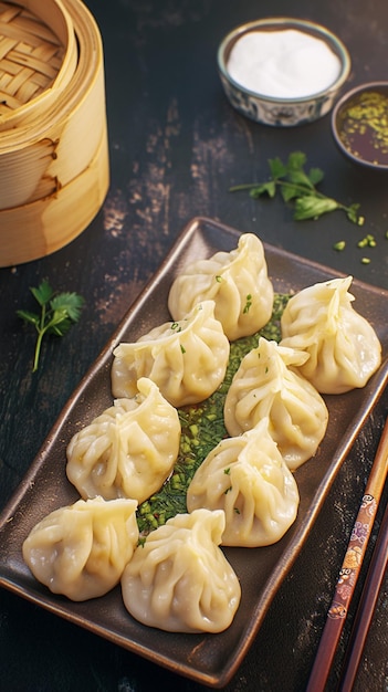 Deliciosos bolinhos de manti dispostos de forma atraente em fundo escuro Papel de parede móvel vertical