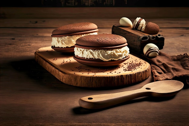 Deliciosos bolos com creme de chocolate em forma de torta de whoopie na tábua de madeira