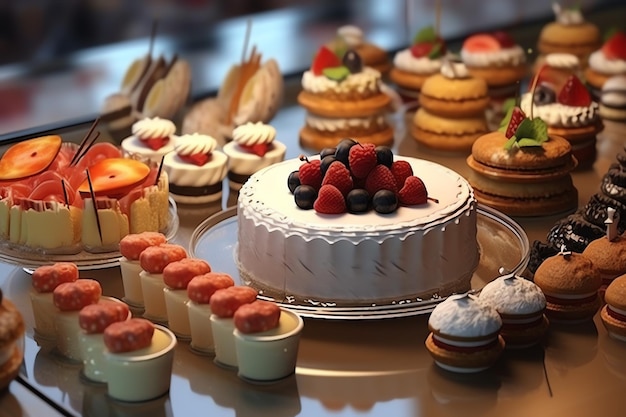 deliciosos Bolos Cupcakes e bolo com bagas na mesa de sobremesa em um Café Charming