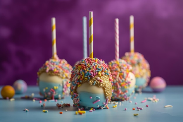 Deliciosos cake pops decorados con glaseado de chocolate y chispitas Generativo ai