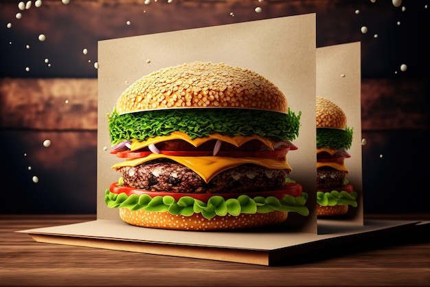 Deliciosos cheeseburgers com queijo bovino, alface fresca, cebola e tomate em pãezinhos com sementes de gergelim empoleirados em cima de papel pardo em mesas de madeira com copyspace são apresentados em uma torre