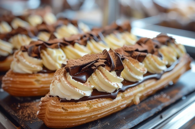 Deliciosos chocolates exhibidos en una caja de panadería con crema batida y virutas de chocolate