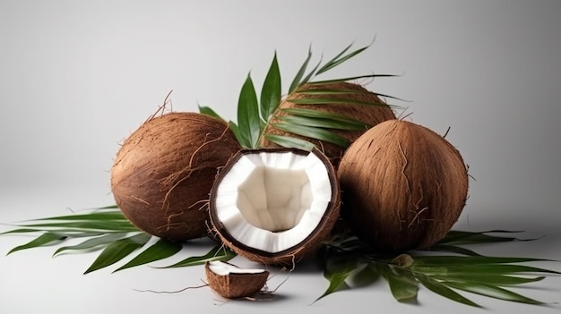 Deliciosos cocos con hojas aisladas sobre fondo blanco AI generativo