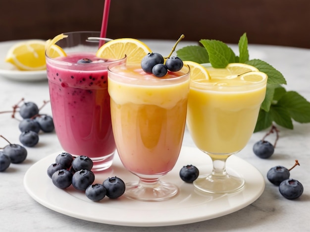 Deliciosos cócteles de bayas en la mesa sobre fondo de agua