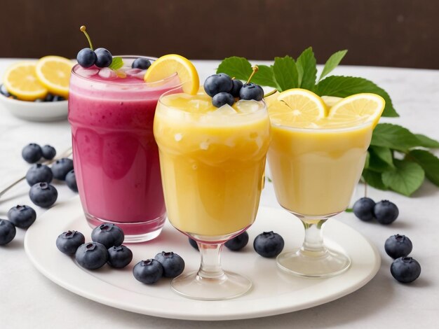 Deliciosos cócteles de bayas en la mesa sobre fondo de agua