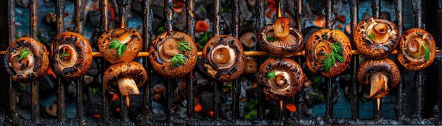 Deliciosos cogumelos grelhados em espigas com ervas frescas e especiarias sobre grelha de carvão perfeito para