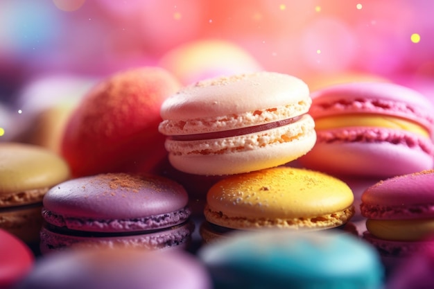 Deliciosos y coloridos pasteles de macaron franceses vista de cerca composición de alimentos