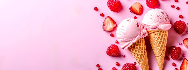 Deliciosos cones de sorvete natural adornados com pétalas de frutas cor-de-rosa morangos e framboesas