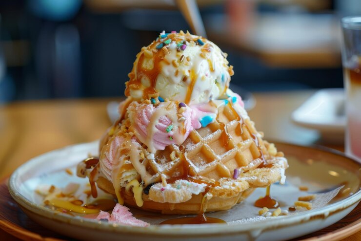 Deliciosos conos de waffle llenos de helado cremoso salpicado de jarabe de chocolate servidos en una bandeja de madera