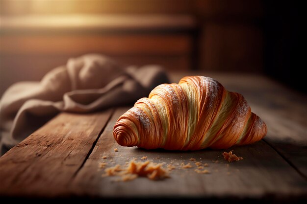 Deliciosos croissants caseiros na mesa de cozinha de madeira rústica gerada por ia