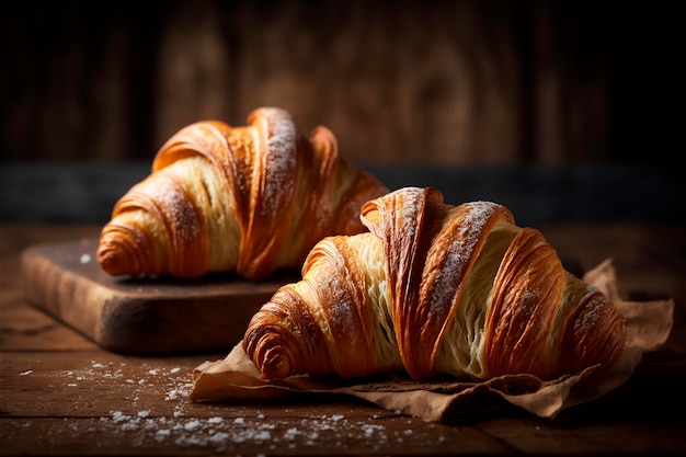 Deliciosos croissants caseiros na mesa de cozinha de madeira rústica gerada por IA