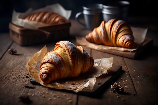 Deliciosos croissants caseiros na mesa de cozinha de madeira rústica gerada por ia