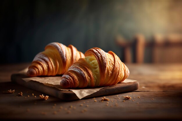 Deliciosos croissants caseros en una mesa de cocina rústica de madera generada por IA