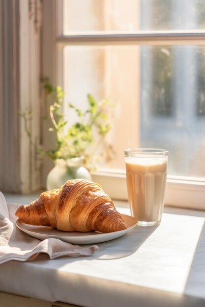 Deliciosos croissants e um copo de leite estão lindamente dispostos em um balcão de cozinha minimalista