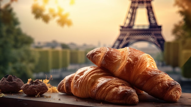 Deliciosos croissants franceses en el establecimiento nostálgico de la torre Eiffel París Recurso creativo Generado por IA