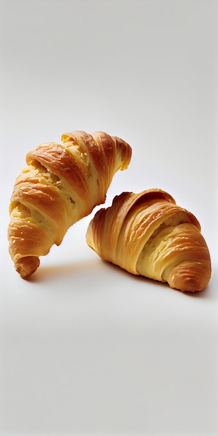 Deliciosos croissants frescos sobre un fondo blanco Croissants aislados Desayuno francés Generado por IA