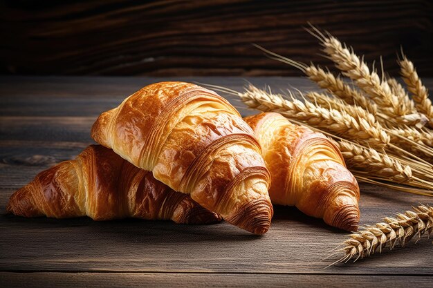 Deliciosos croissants con púas sobre fondo de madera