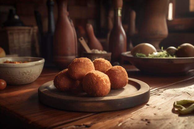 Deliciosos croquetes caseiros em mesa de madeira em fundo de cozinha rústica gerado por IA