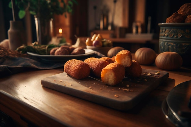 Deliciosos croquetes caseiros em mesa de madeira em fundo de cozinha rústica gerado por IA