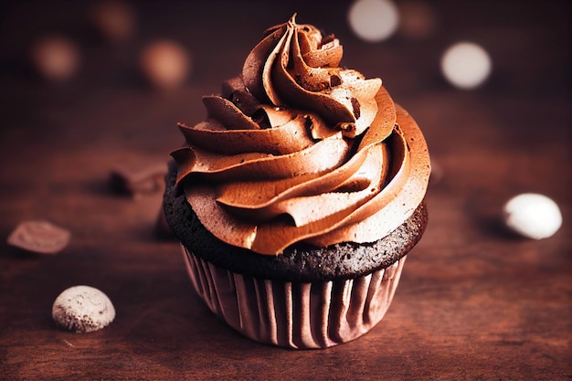 Deliciosos cupcakes de chocolate en molde sobre fondo marrón oscuro