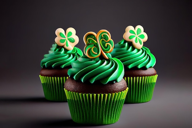 Deliciosos cupcakes decorados en mesa de luz Celebración del Día de San Patricio Ai Generativo