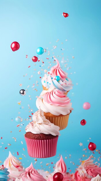 Deliciosos cupcakes para la fiesta de cumpleaños Varios cupcakes con crema rosa blanca y azul volando sobre