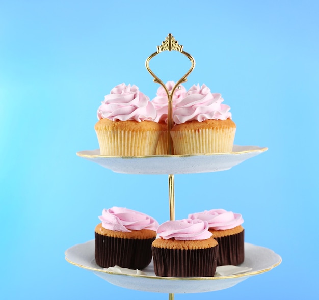 Deliciosos cupcakes en stand sobre fondo de color