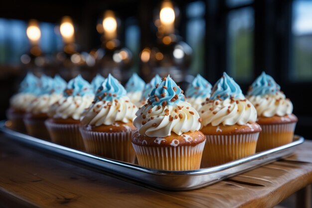 Deliciosos cupcakes con el tema del Oktoberfest en azul y blanco generados por IA