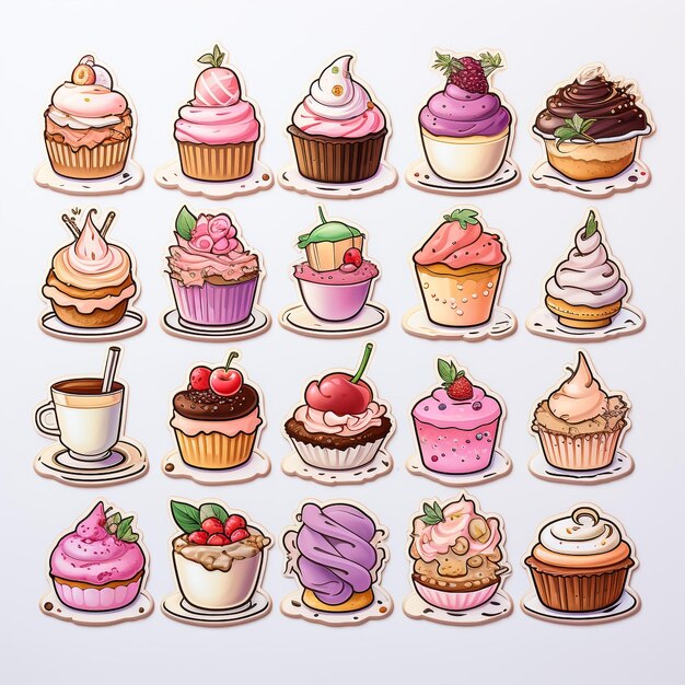 Foto deliciosos cupcakes vetoriais deliciosos isolados em fundo branco cupcakes saborosos de desenho animado em cores brilhantes