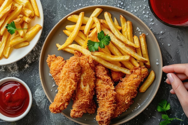 Deliciosos dedos de frango com batatas fritas e molho Prato alimentar fresco e saboroso de orgânico