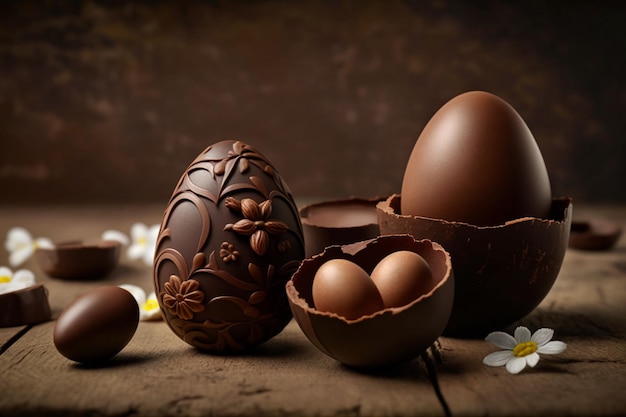 Deliciosos detalles de chocolate con huevo de pascua y trufas con adorno de cacao en polvo