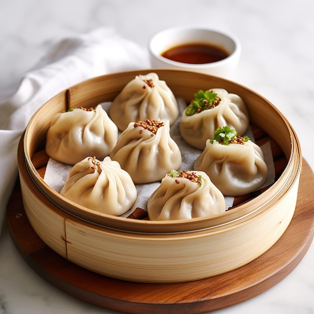 deliciosos dimsums en tazón de madera