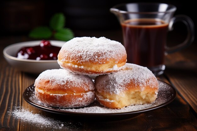 Deliciosos donuts con azúcar en polvo sobre mesa de madera